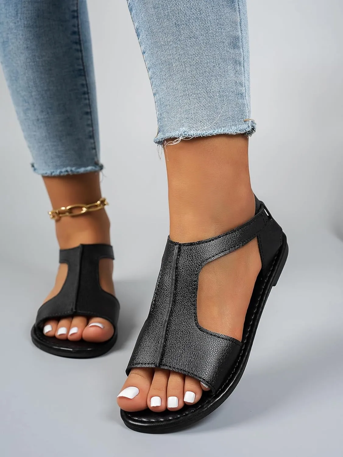 Verdusa Women's PU Leather Slingback Sandals Open Toe Flat Sandals with Ankle Strap