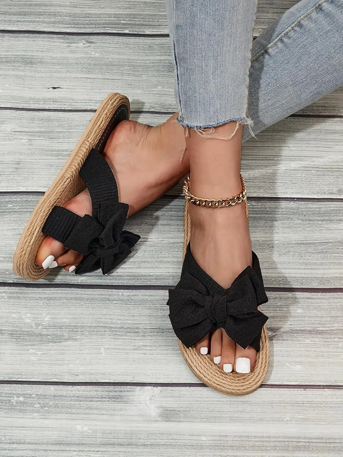 Verdusa Women's Rhinestone Bow Flat Sandals Open Toe Slip On Slides Sandals