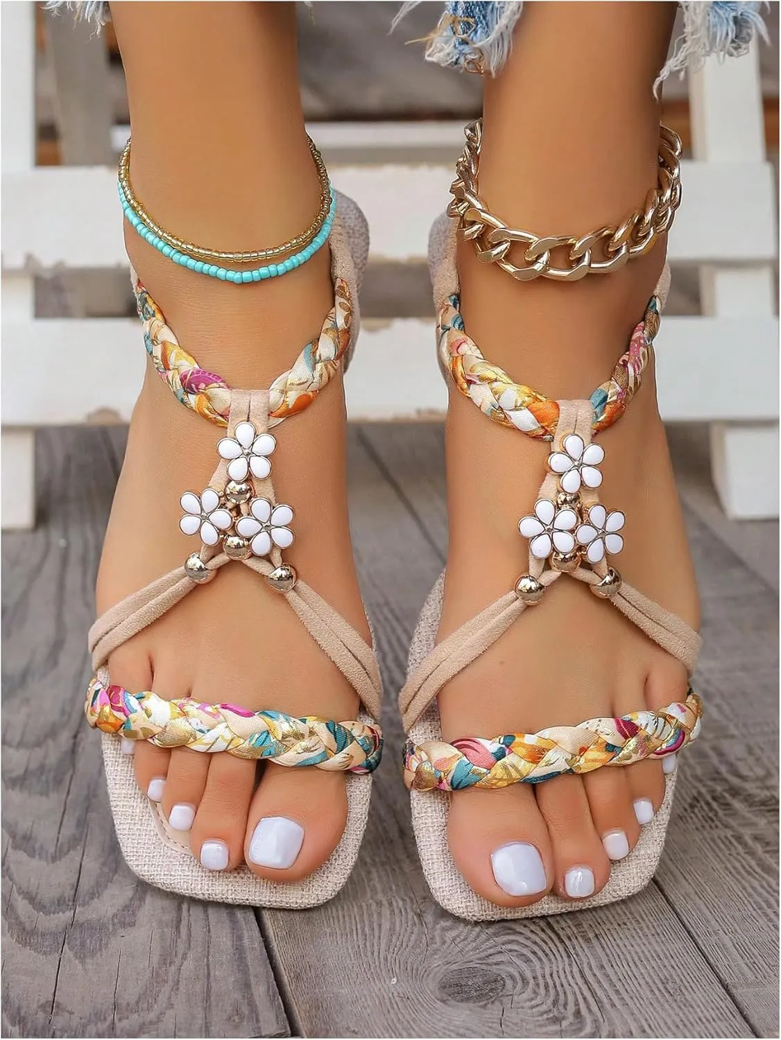 Verdusa Women's Rhinestone Decor Leather Flat Sandals Slip on Open Toe Sandals