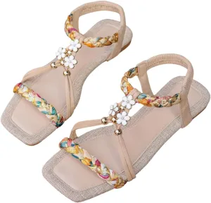 Verdusa Women's Rhinestone Decor Leather Flat Sandals Slip on Open Toe Sandals
