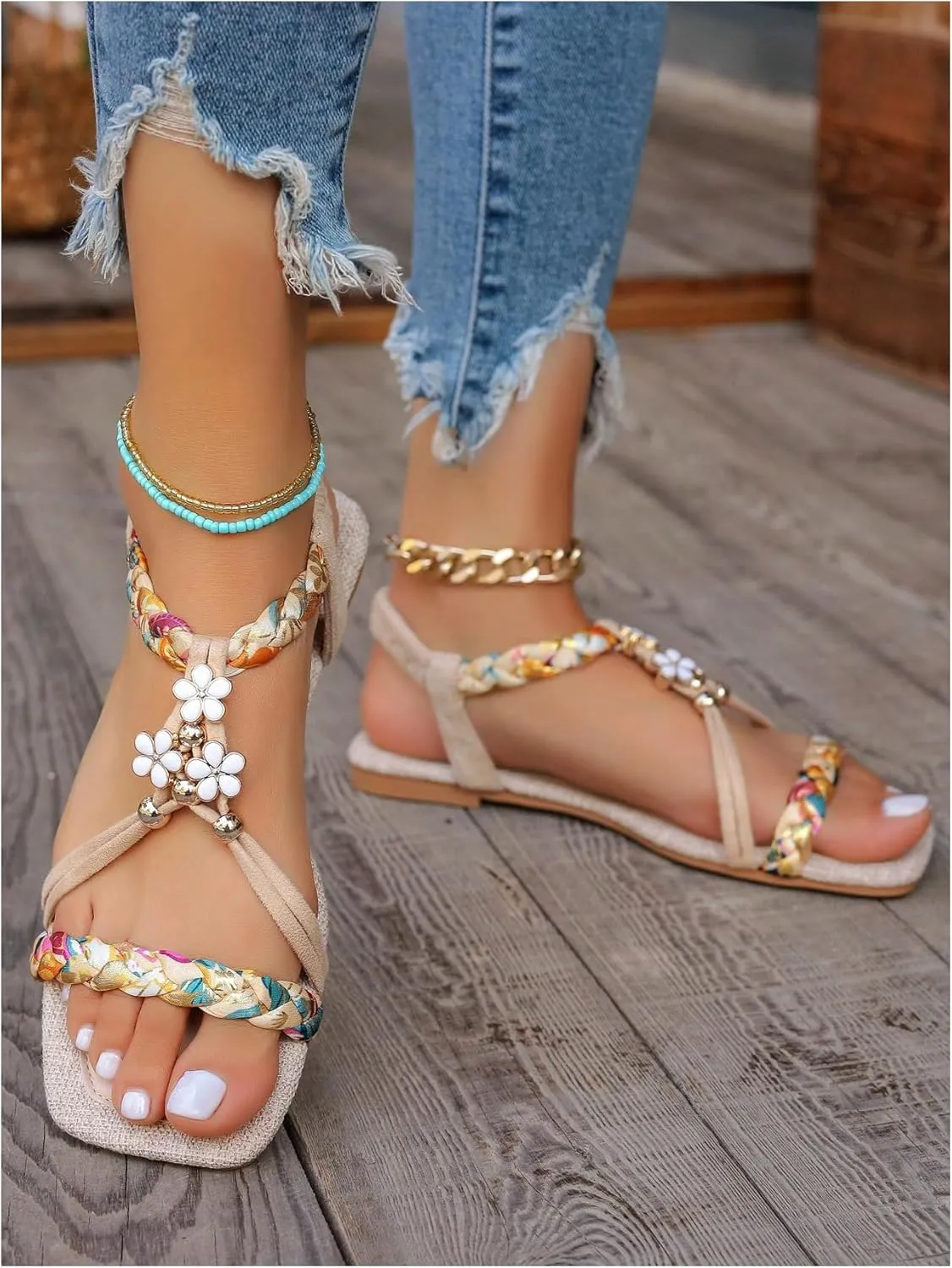 Verdusa Women's Rhinestone Decor Leather Flat Sandals Slip on Open Toe Sandals