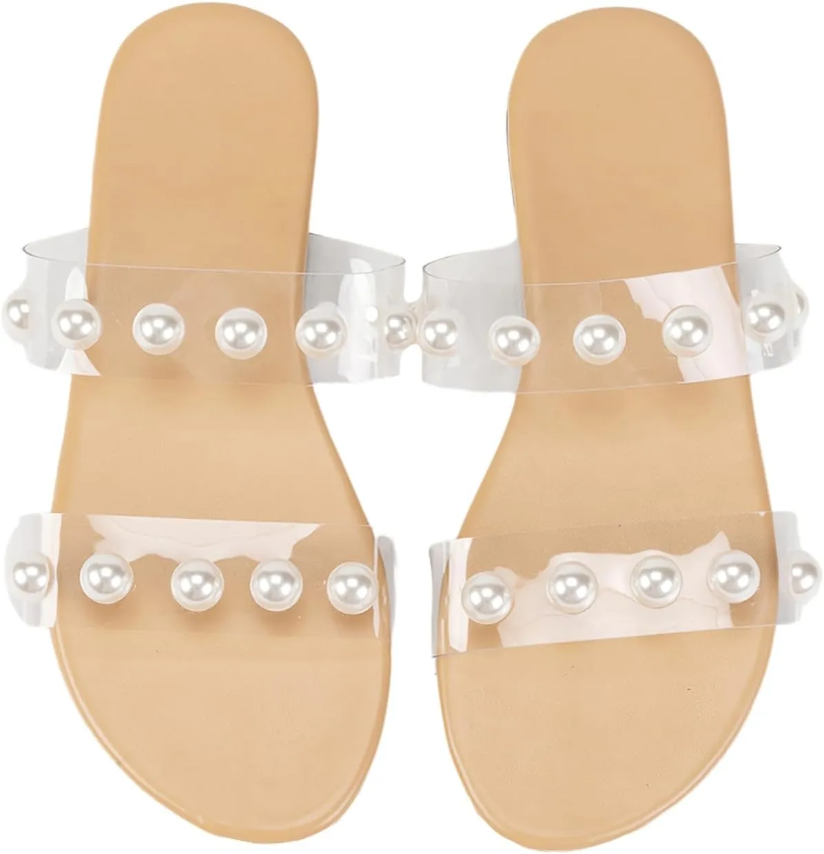 Verdusa Women's Transparent Strap Pearl Sandals Summer Slippers Open Toe Flat Slides Sandals