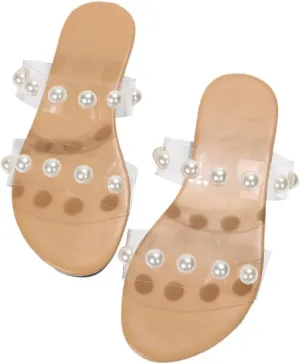 Verdusa Women's Transparent Strap Pearl Sandals Summer Slippers Open Toe Flat Slides Sandals