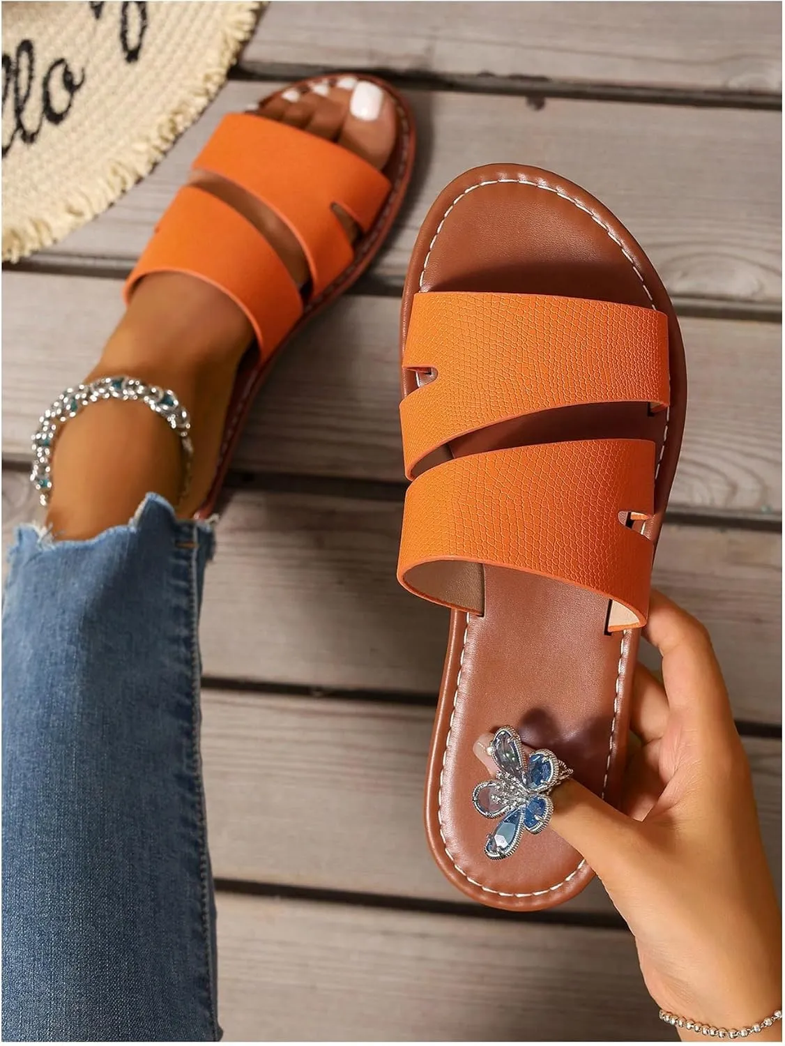 Verdusa Women's Two Band Leather Sandals Open Toe Colorblock Flat Sandals Summer Slippers