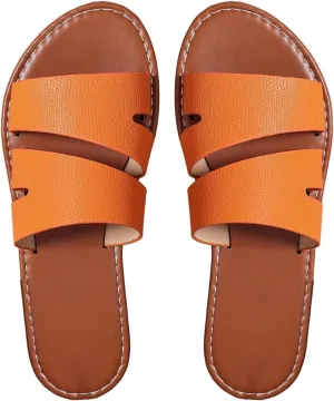 Verdusa Women's Two Band Leather Sandals Open Toe Colorblock Flat Sandals Summer Slippers