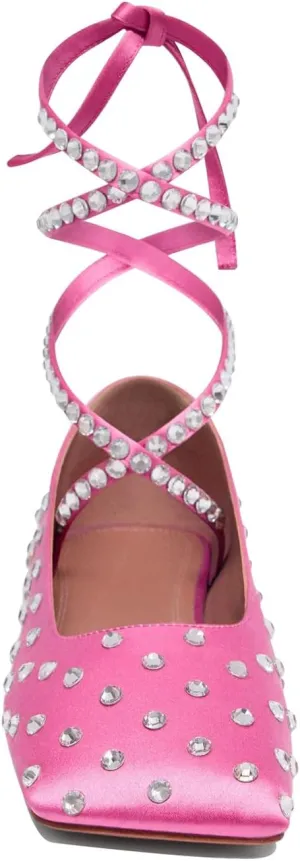 Vertundy Rhinestone Ballet Flats for Women Crystal Ankle Strap Wrap Ballet Flat Square Toe Lace Up Satin Glitter Party Wedding Dress Shoes