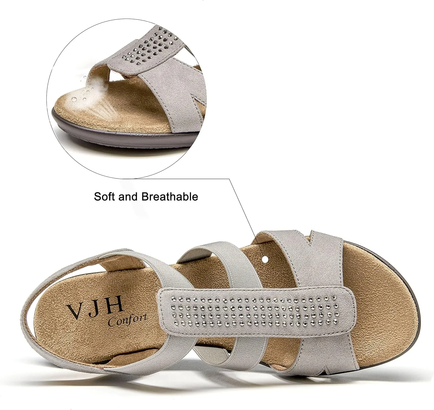VJH confort Women's Comfort Flat Sandals Summer,with Rhinestone Open Toe Elastic Slip On Slingback Casual Walking Low Heele Sandals