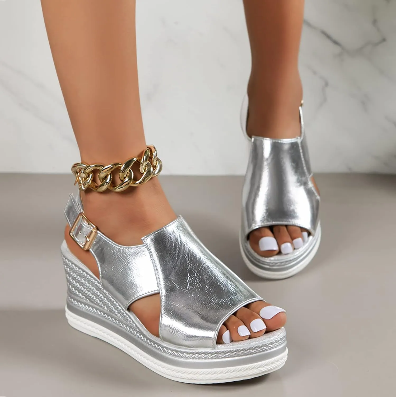 Wedge Sandals for Women Peep Toe Slingback Wedge Heels Cut Out Ankle Strap Platform Sandal Summer Boho Walking Shoes