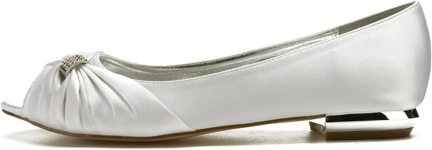 Women Satin Rhinestones Wedding Flats for Bride Prom Evening Party Dress Shoes Evening Party Wedding Dress Closed Party Low Shoes