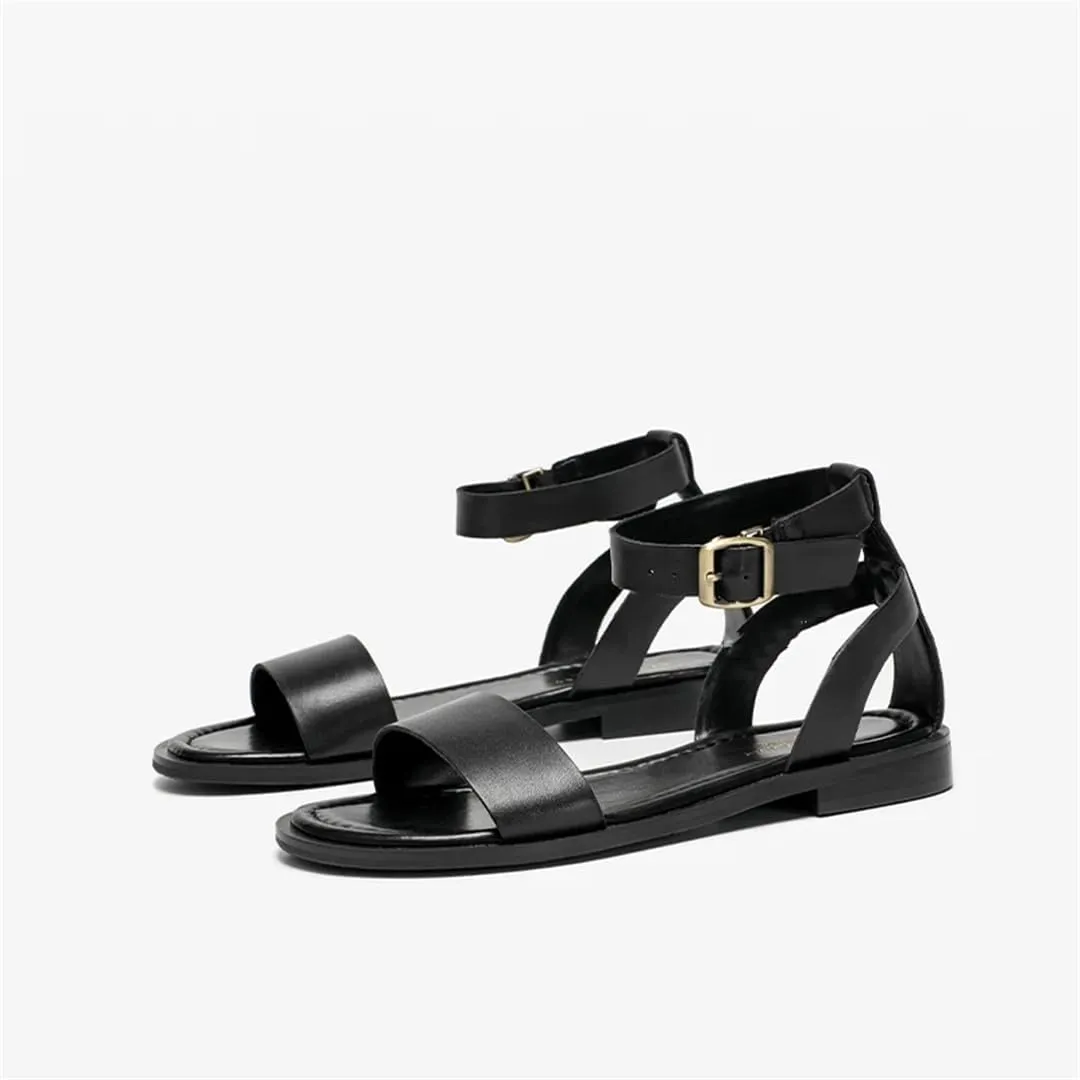 Womens Buckle Strap Ankle Strap Flat Heel Open Side Vamp Basic Sandals Cow Leather Buckle Strap Summer Sandals