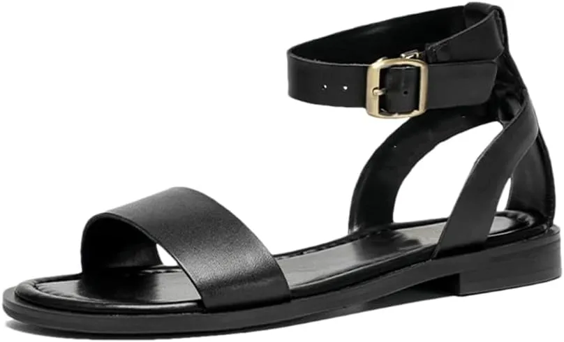 Womens Buckle Strap Ankle Strap Flat Heel Open Side Vamp Basic Sandals Cow Leather Buckle Strap Summer Sandals