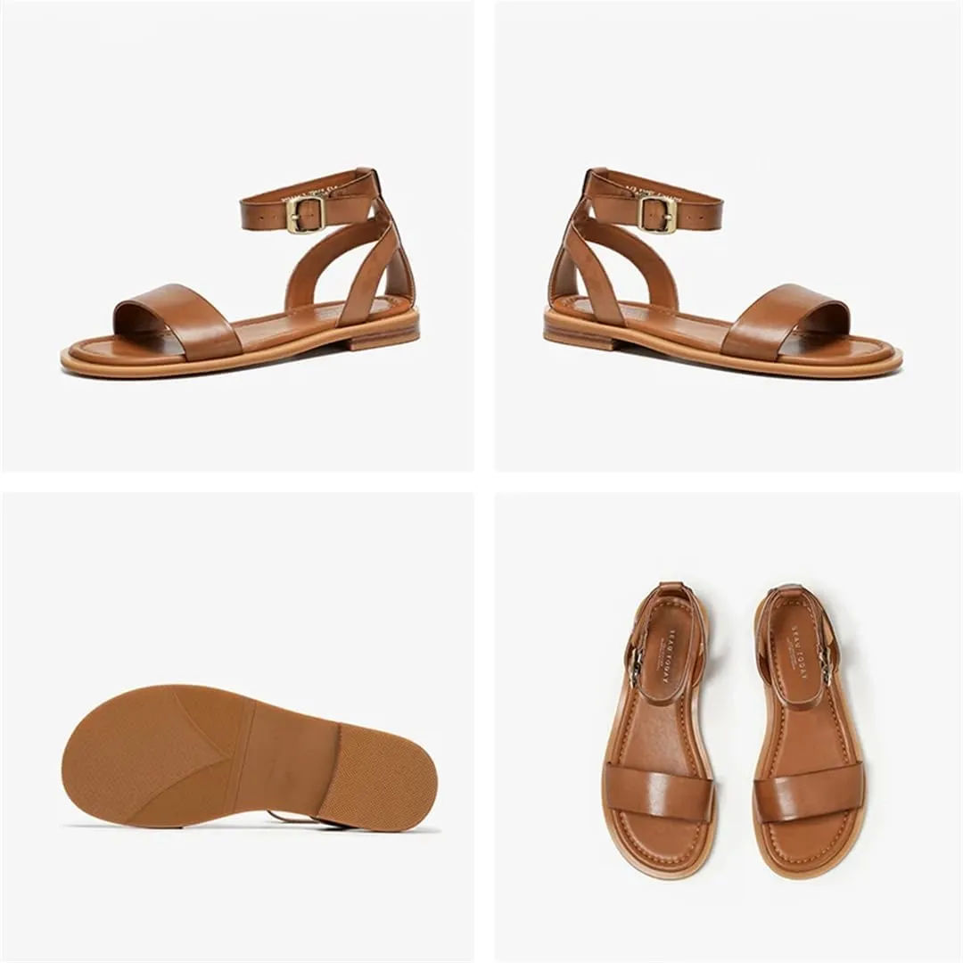 Womens Buckle Strap Ankle Strap Flat Heel Open Side Vamp Basic Sandals Cow Leather Buckle Strap Summer Sandals