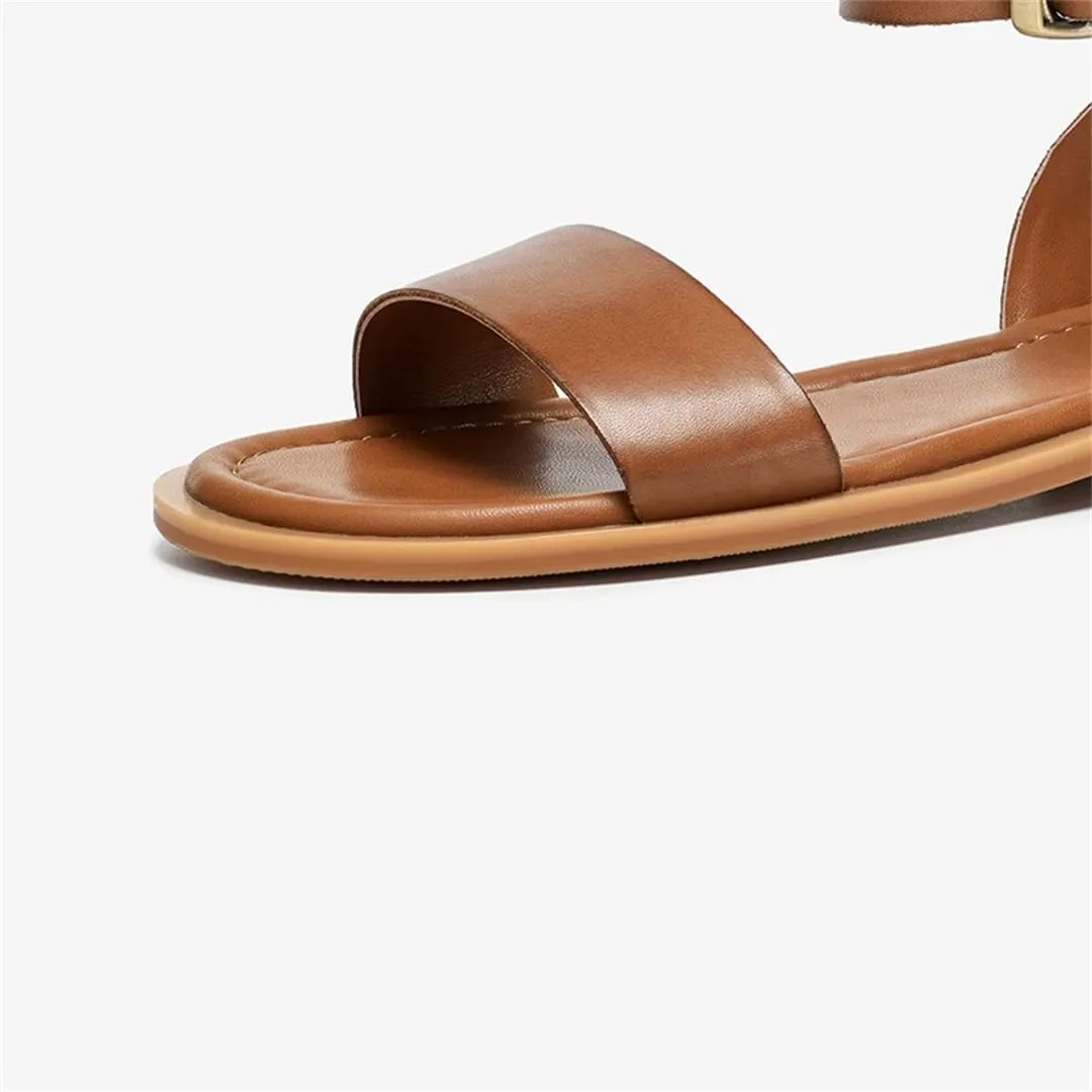 Womens Buckle Strap Ankle Strap Flat Heel Open Side Vamp Basic Sandals Cow Leather Buckle Strap Summer Sandals