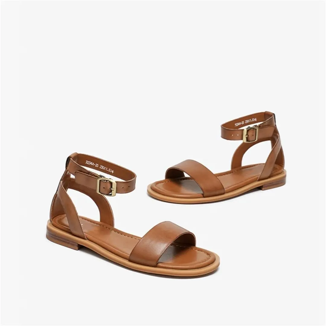 Womens Buckle Strap Ankle Strap Flat Heel Open Side Vamp Basic Sandals Cow Leather Buckle Strap Summer Sandals
