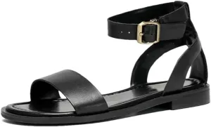 Womens Buckle Strap Ankle Strap Flat Heel Open Side Vamp Basic Sandals Cow Leather Buckle Strap Summer Sandals