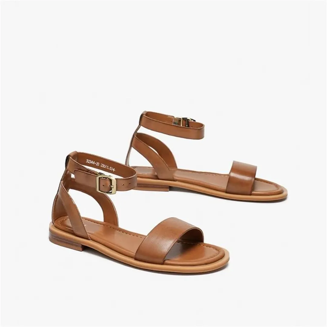 Womens Buckle Strap Ankle Strap Flat Heel Open Side Vamp Basic Sandals Cow Leather Buckle Strap Summer Sandals