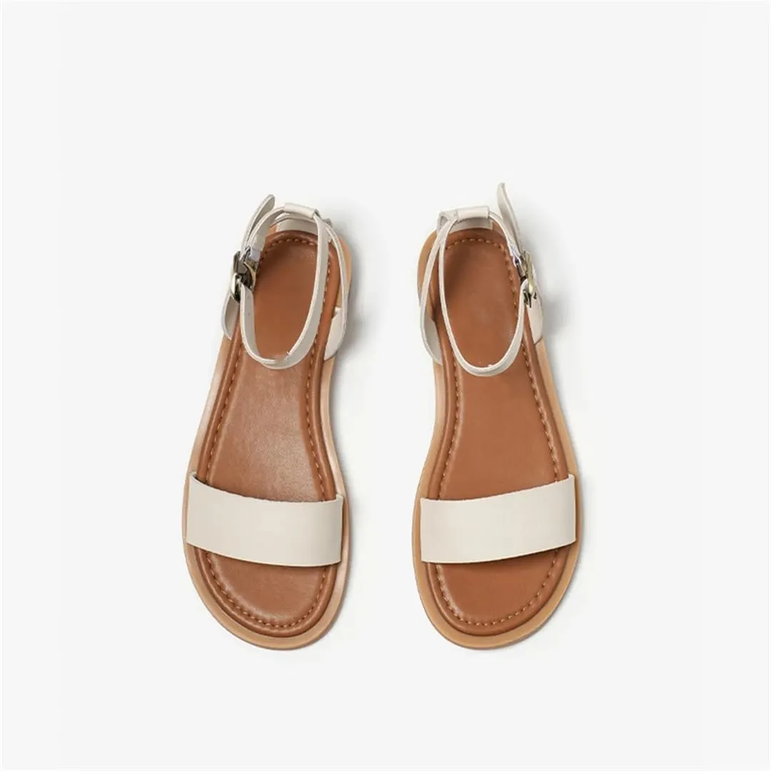 Womens Buckle Strap Ankle Strap Flat Heel Open Side Vamp Basic Sandals Cow Leather Buckle Strap Summer Sandals