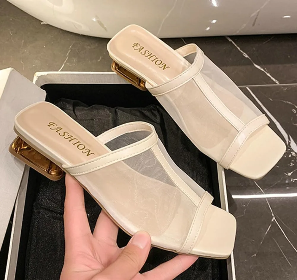 Womens Chunky Heels Mules Mesh Square Open Toe Dress Shoes Breathable Comfort Casual Beach Slip On Summer Heeled Sandals 2025