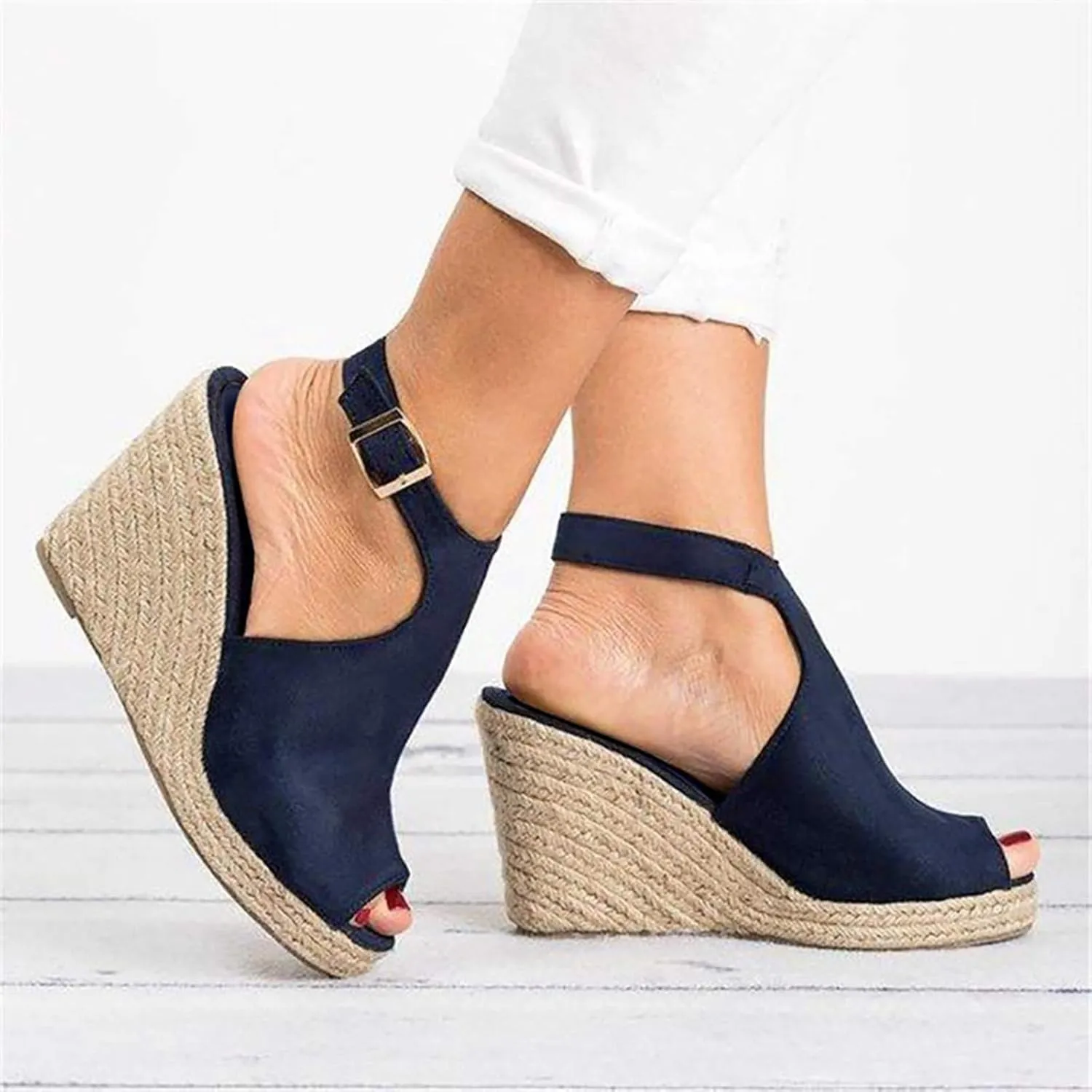 Women's Espadrille Wedges Sandals Slingback Buckle Strap Open Toe Platform Slip on Casual T Strap Heels Beach Shoes