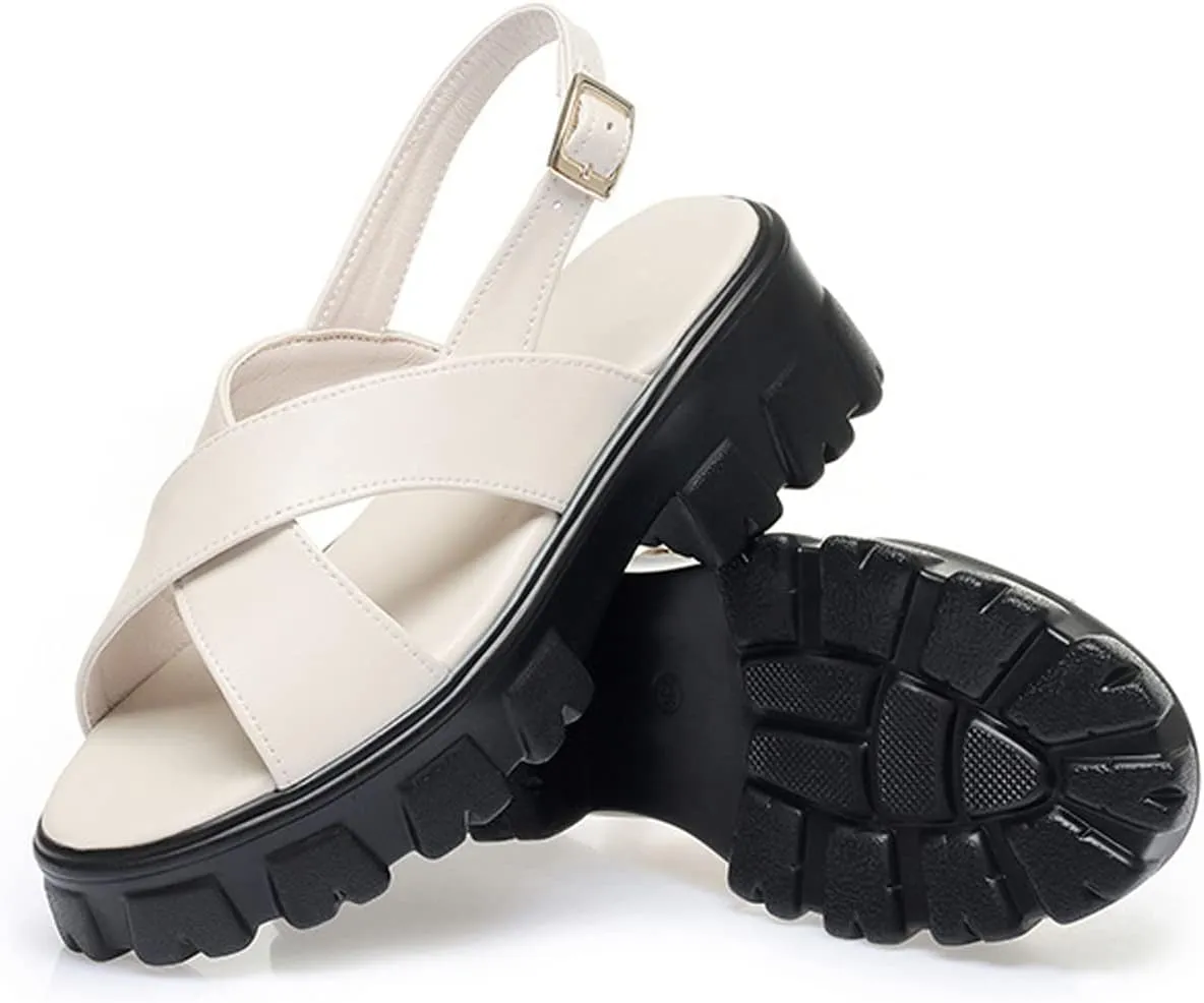 Women's Fish Mouth Open Toe Crossover Strap Platform Sandals,Summer Casual Adjustable Ankle Buckle Strap Non-Slip Width Chunky Platform Beach Outdoor Roman Sandals