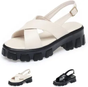 Women's Fish Mouth Open Toe Crossover Strap Platform Sandals,Summer Casual Adjustable Ankle Buckle Strap Non-Slip Width Chunky Platform Beach Outdoor Roman Sandals