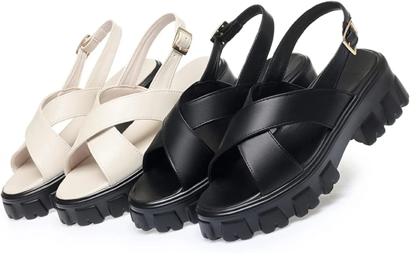 Women's Fish Mouth Open Toe Crossover Strap Platform Sandals,Summer Casual Adjustable Ankle Buckle Strap Non-Slip Width Chunky Platform Beach Outdoor Roman Sandals