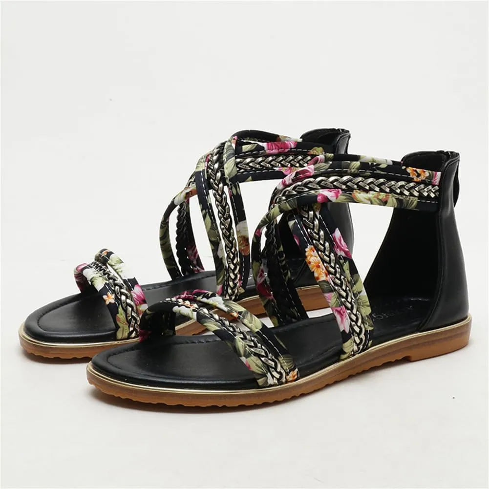 Women's Flat Sandals Summer Beach Sandal T-Strap Rhinestone Beaded Bohemia Shoes