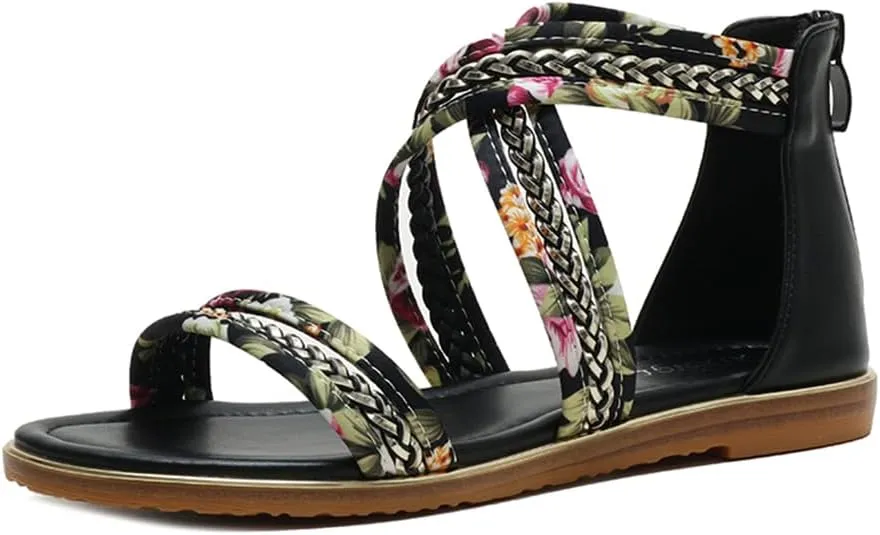 Women's Flat Sandals Summer Beach Sandal T-Strap Rhinestone Beaded Bohemia Shoes