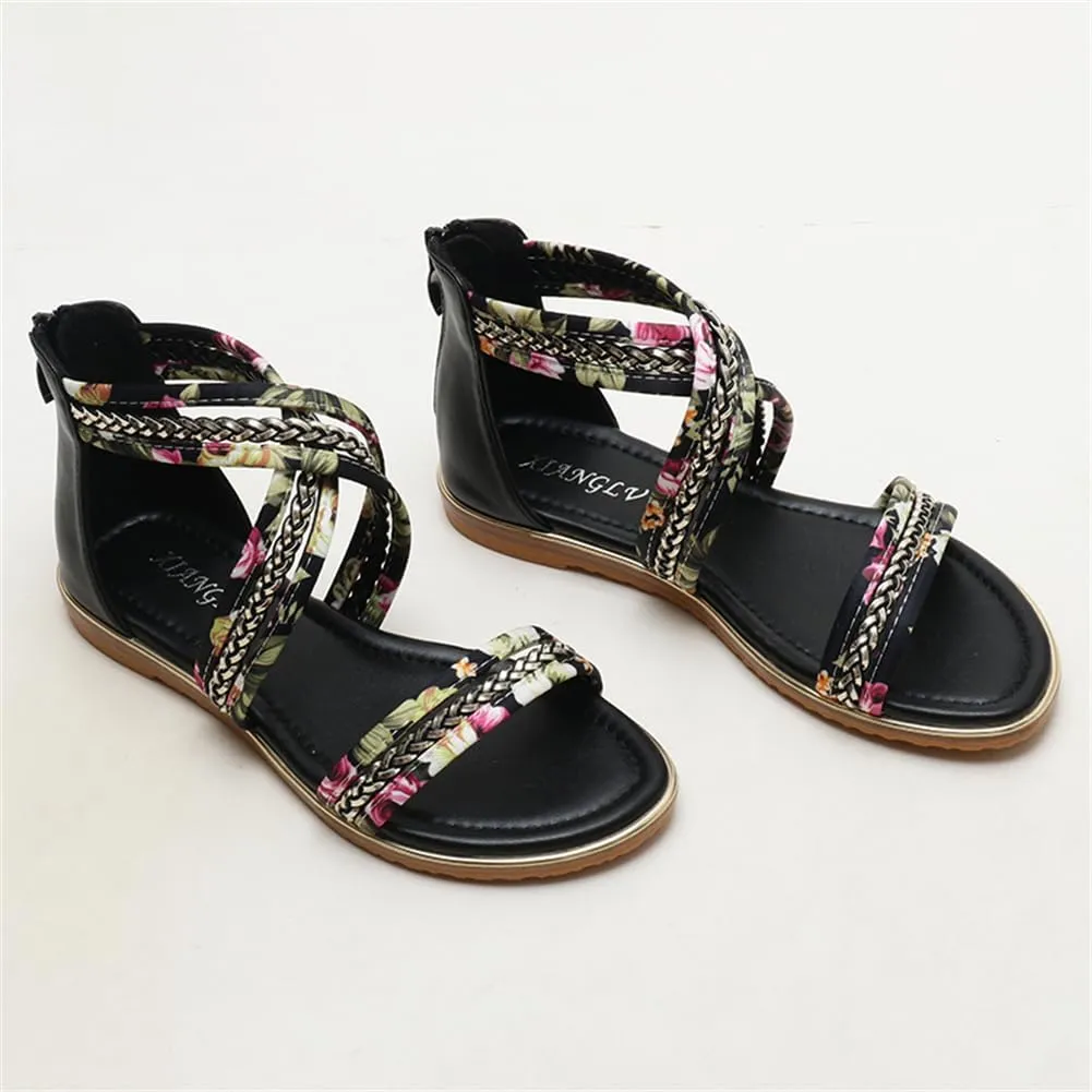 Women's Flat Sandals Summer Beach Sandal T-Strap Rhinestone Beaded Bohemia Shoes