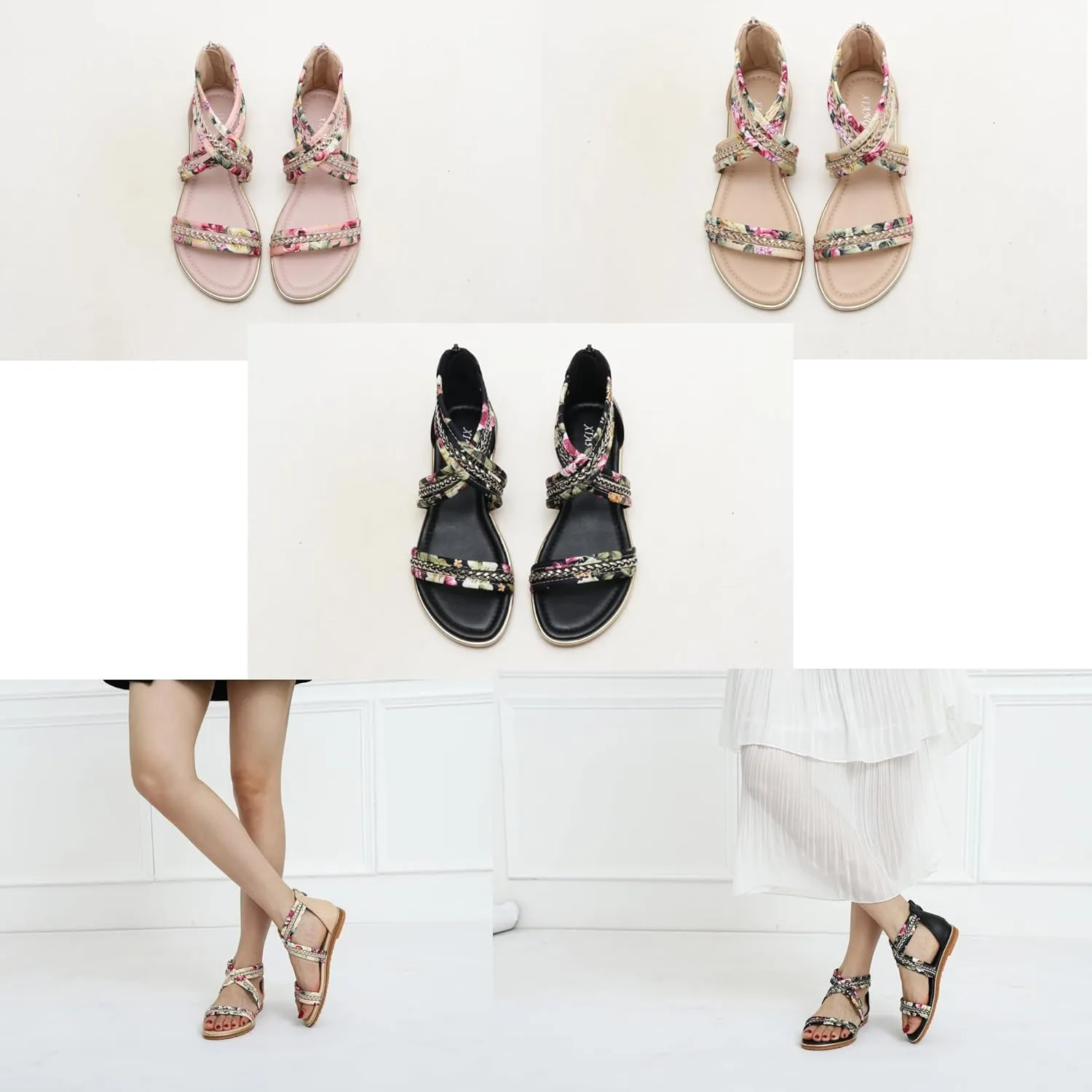 Women's Flat Sandals Summer Beach Sandal T-Strap Rhinestone Beaded Bohemia Shoes