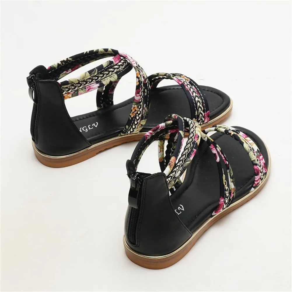 Women's Flat Sandals Summer Beach Sandal T-Strap Rhinestone Beaded Bohemia Shoes
