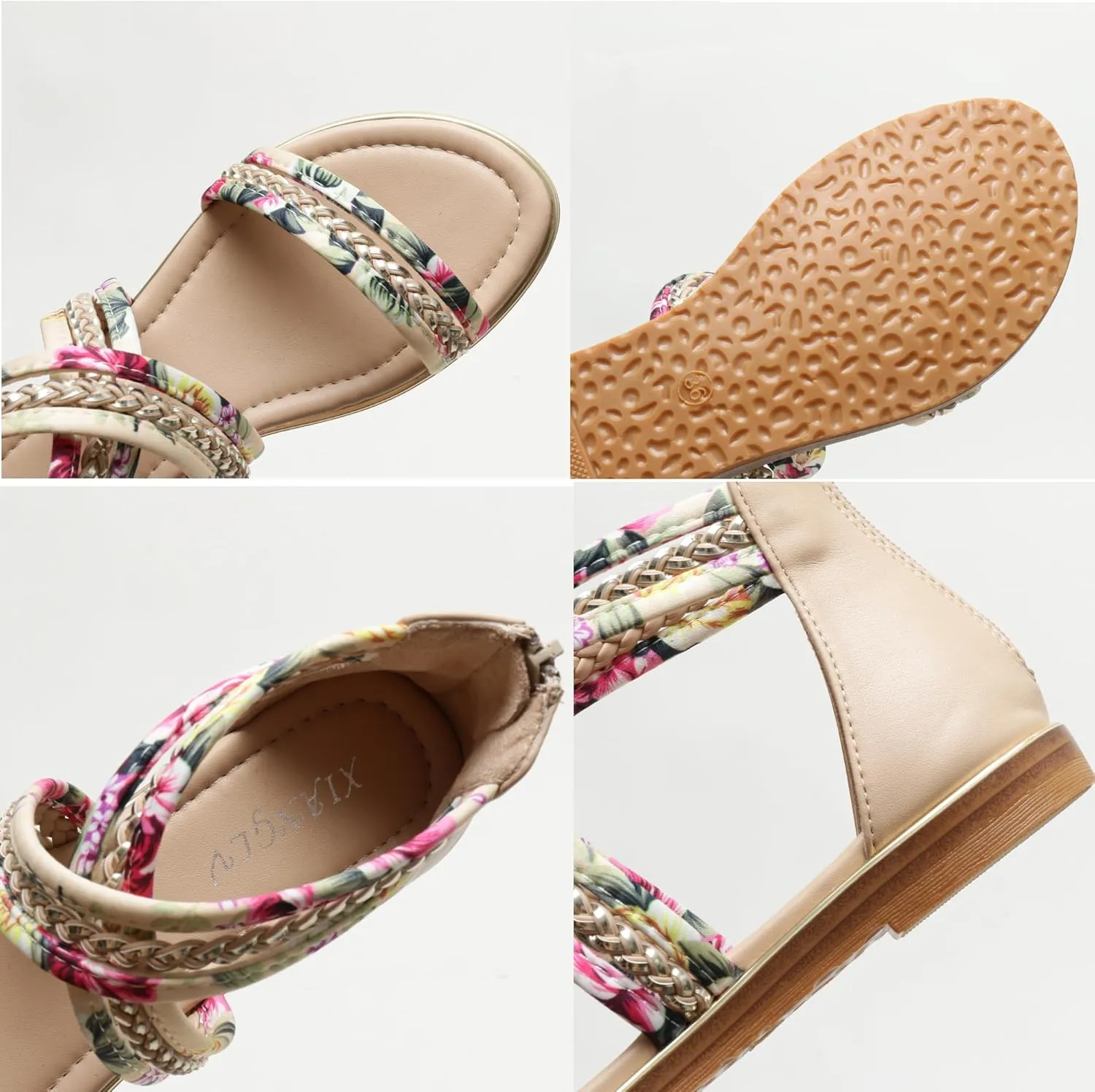 Women's Flat Sandals Summer Beach Sandal T-Strap Rhinestone Beaded Bohemia Shoes