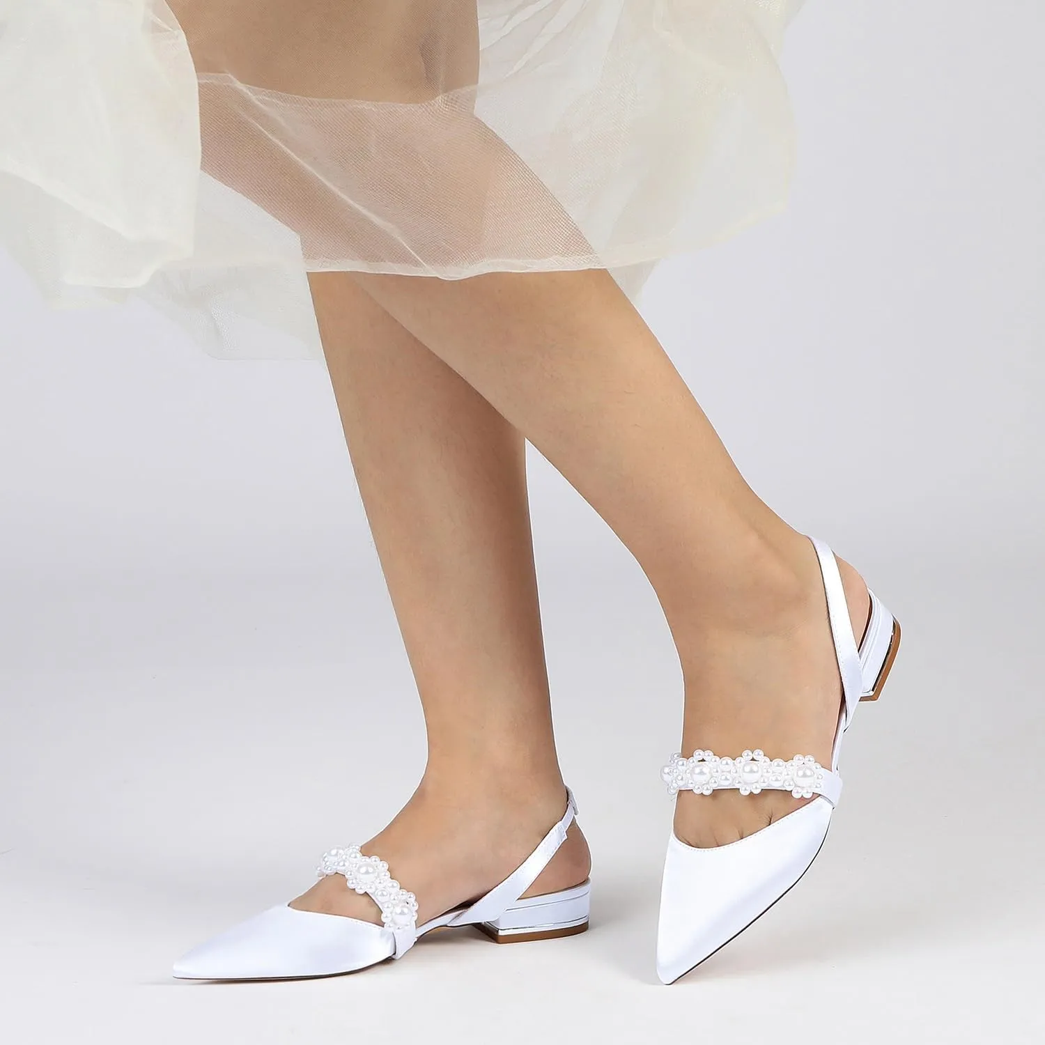Women's Flats Shoes Pumps Pointed Toe Pearl Satin Closed Toe Sandals Heel Classic Party Wedding Dress Ankle Strap Pump Shoes