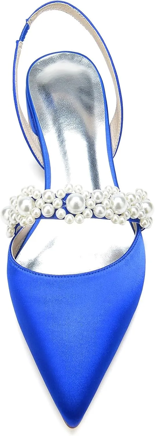 Women's Flats Shoes Pumps Pointed Toe Pearl Satin Closed Toe Sandals Heel Classic Party Wedding Dress Ankle Strap Pump Shoes