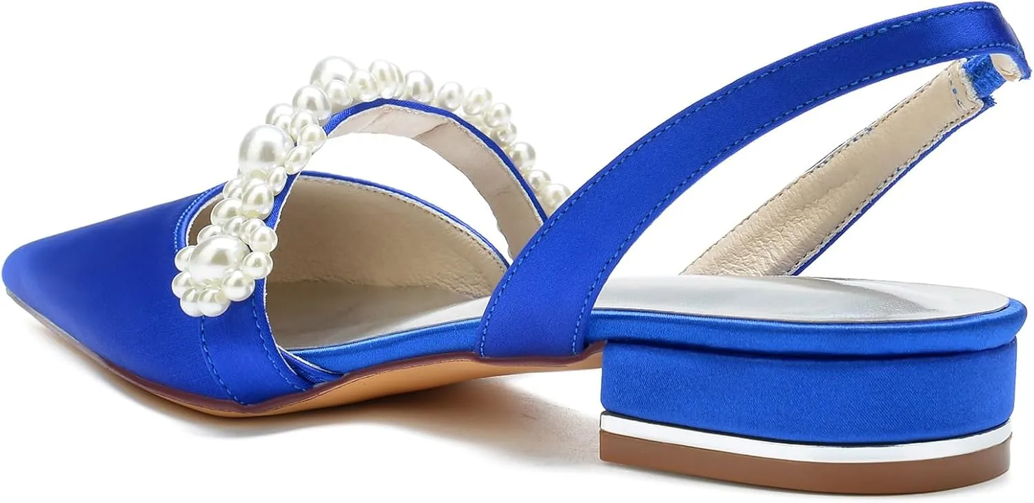 Women's Flats Shoes Pumps Pointed Toe Pearl Satin Closed Toe Sandals Heel Classic Party Wedding Dress Ankle Strap Pump Shoes