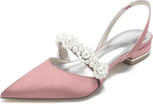 Women's Flats Shoes Pumps Pointed Toe Pearl Satin Closed Toe Sandals Heel Classic Party Wedding Dress Ankle Strap Pump Shoes