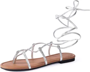 Womens Gladiator Sandals Dressy Summer Roman Strappy Ladies Lace Up Leather Flat Ankle Strap Cute Comfy Casual