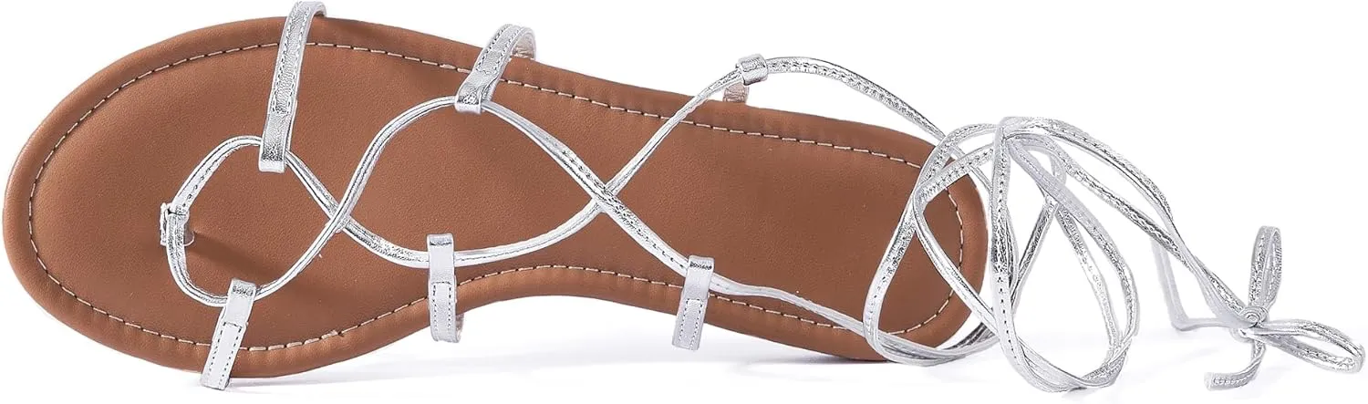 Womens Gladiator Sandals Dressy Summer Roman Strappy Ladies Lace Up Leather Flat Ankle Strap Cute Comfy Casual