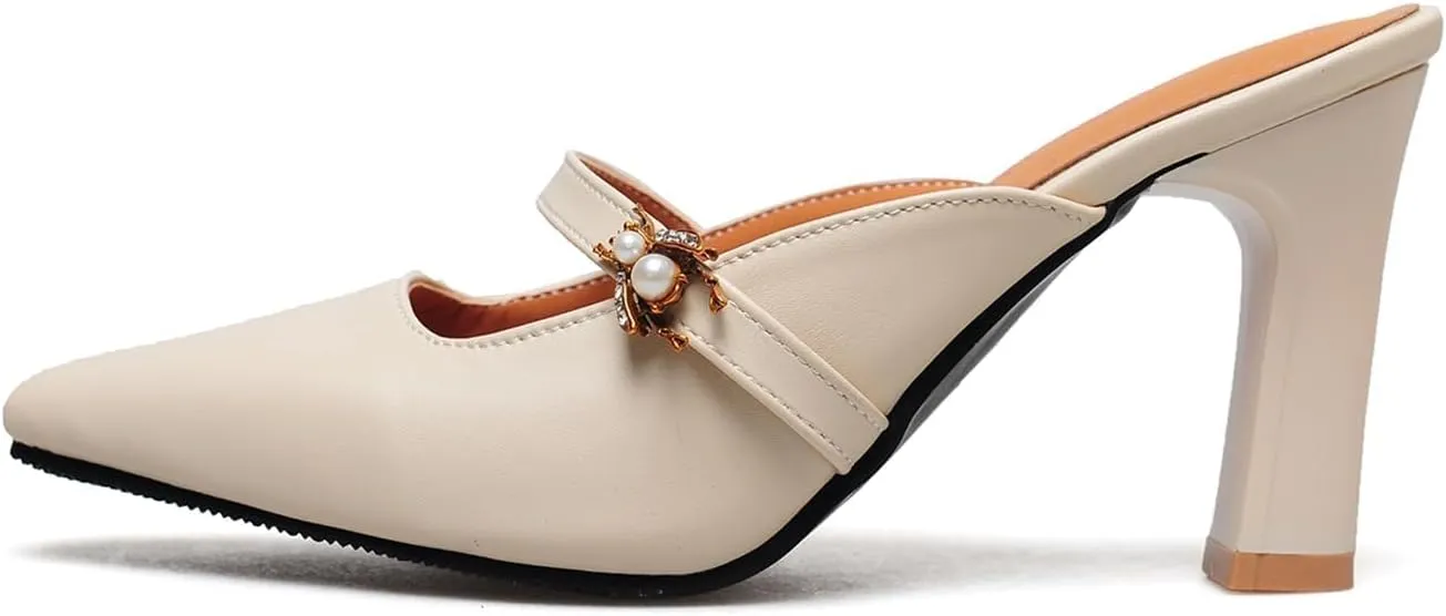 Women’s High Chunky Heels Mules Classic Pointed Toe Slip-on Metallic Bee Pearl Rhinestone Slides Dress Shoes Work Office Casual Business Church Event Dating Anniversary Vacation