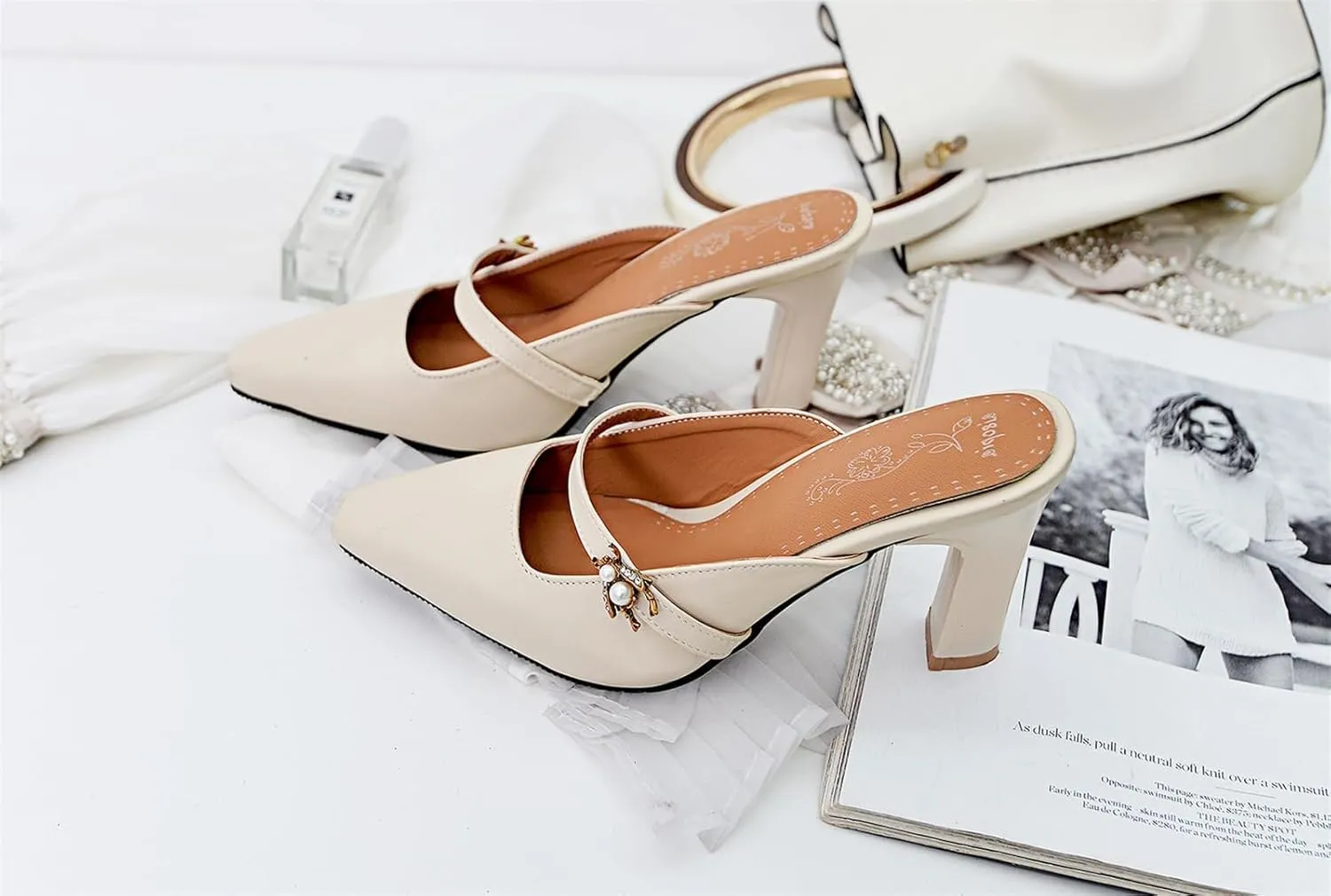 Women’s High Chunky Heels Mules Classic Pointed Toe Slip-on Metallic Bee Pearl Rhinestone Slides Dress Shoes Work Office Casual Business Church Event Dating Anniversary Vacation