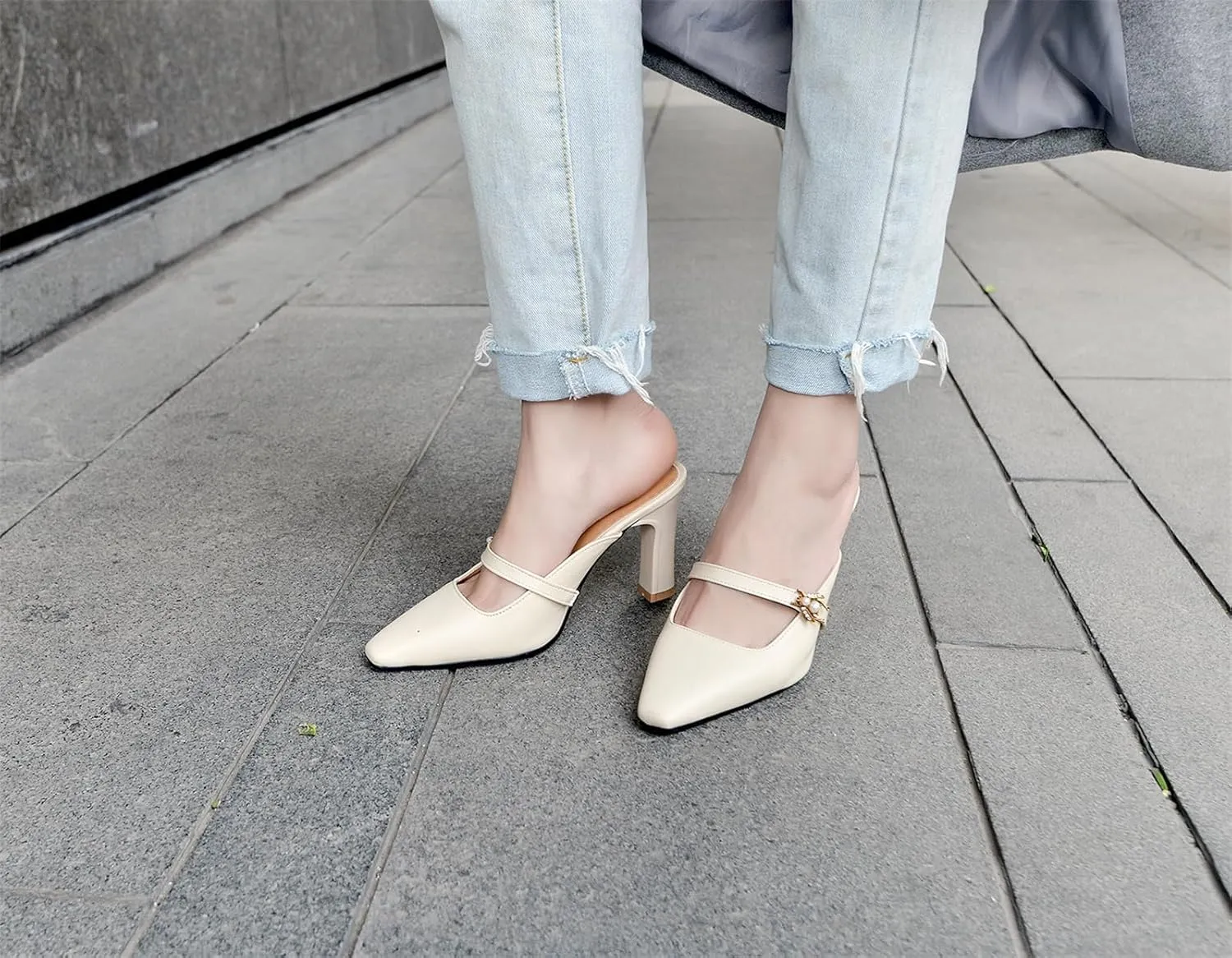 Women’s High Chunky Heels Mules Classic Pointed Toe Slip-on Metallic Bee Pearl Rhinestone Slides Dress Shoes Work Office Casual Business Church Event Dating Anniversary Vacation