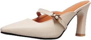 Women’s High Chunky Heels Mules Classic Pointed Toe Slip-on Metallic Bee Pearl Rhinestone Slides Dress Shoes Work Office Casual Business Church Event Dating Anniversary Vacation