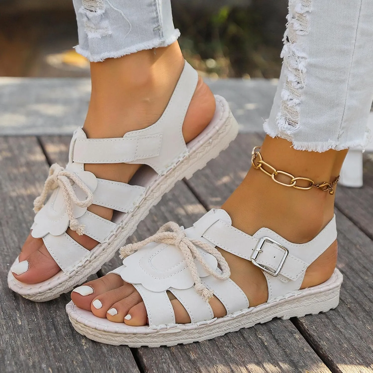 Women's Hook and Eye Sandal Solid Braided Drawstring Trendy Shoe Open Toe Summer Spring Sandals Casual Beach Flat