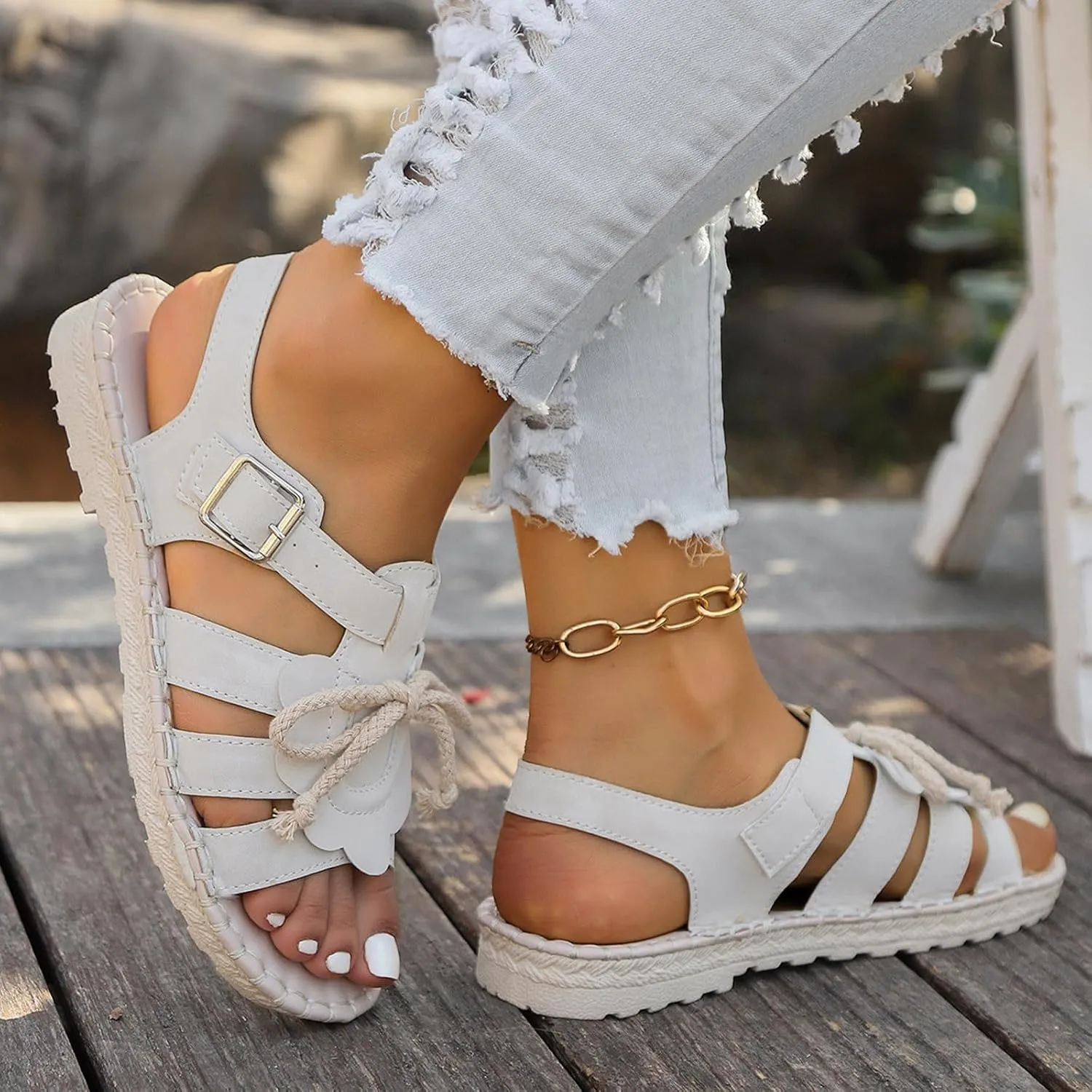 Women's Hook and Eye Sandal Solid Braided Drawstring Trendy Shoe Open Toe Summer Spring Sandals Casual Beach Flat