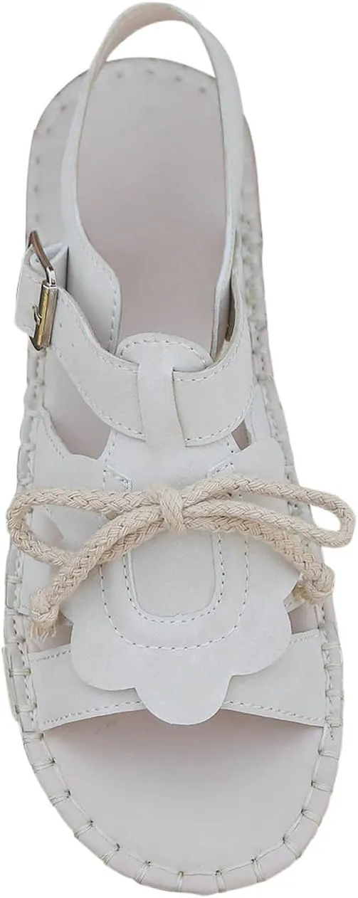 Women's Hook and Eye Sandal Solid Braided Drawstring Trendy Shoe Open Toe Summer Spring Sandals Casual Beach Flat