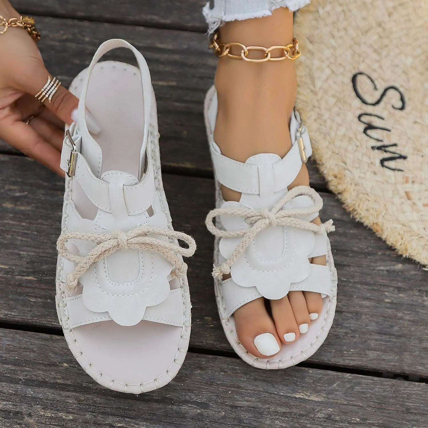 Women's Hook and Eye Sandal Solid Braided Drawstring Trendy Shoe Open Toe Summer Spring Sandals Casual Beach Flat