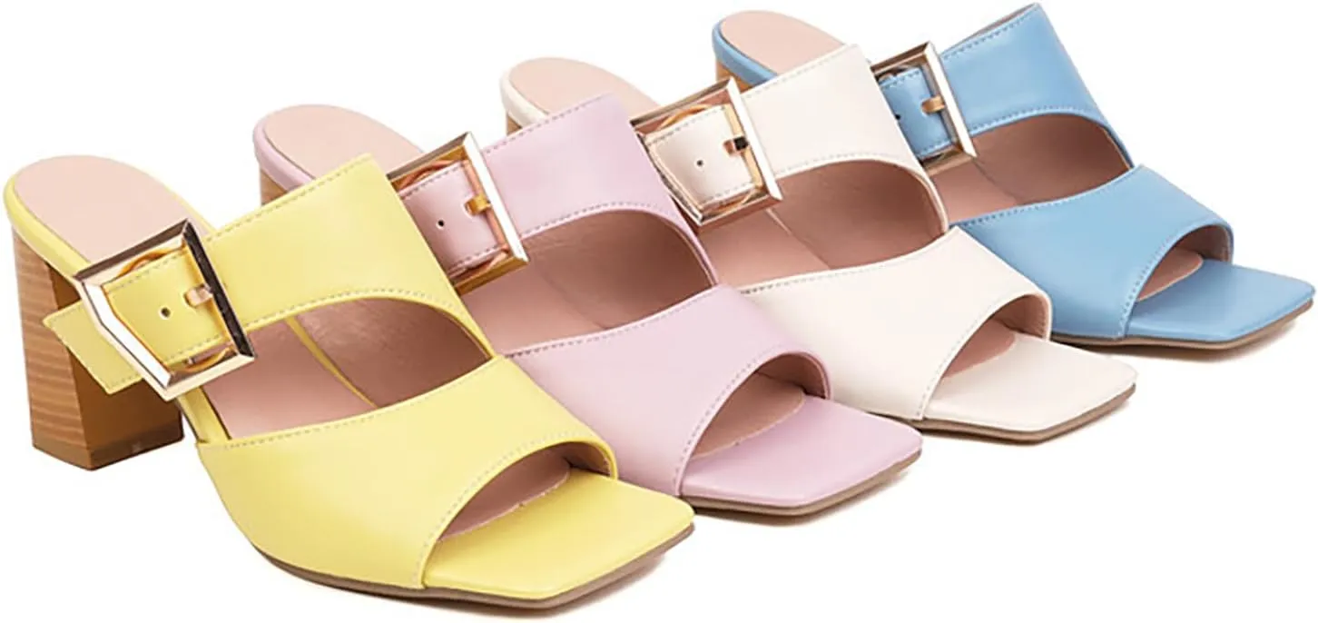 Women's Leather Buckle Decor Stacked Chunky Heel Dress Slide Sandals Fashion Hollow Out Square Open Toe Slip-On Block Heel Summer Party Mule Sandals for Dating Wedding