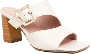 Women's Leather Buckle Decor Stacked Chunky Heel Dress Slide Sandals Fashion Hollow Out Square Open Toe Slip-On Block Heel Summer Party Mule Sandals for Dating Wedding