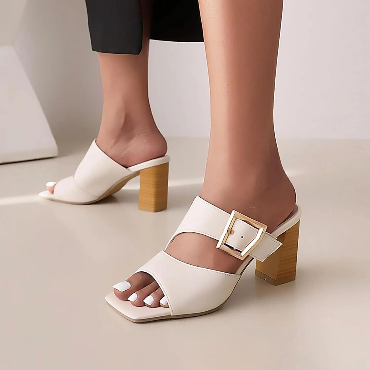 Women's Leather Buckle Decor Stacked Chunky Heel Dress Slide Sandals Fashion Hollow Out Square Open Toe Slip-On Block Heel Summer Party Mule Sandals for Dating Wedding