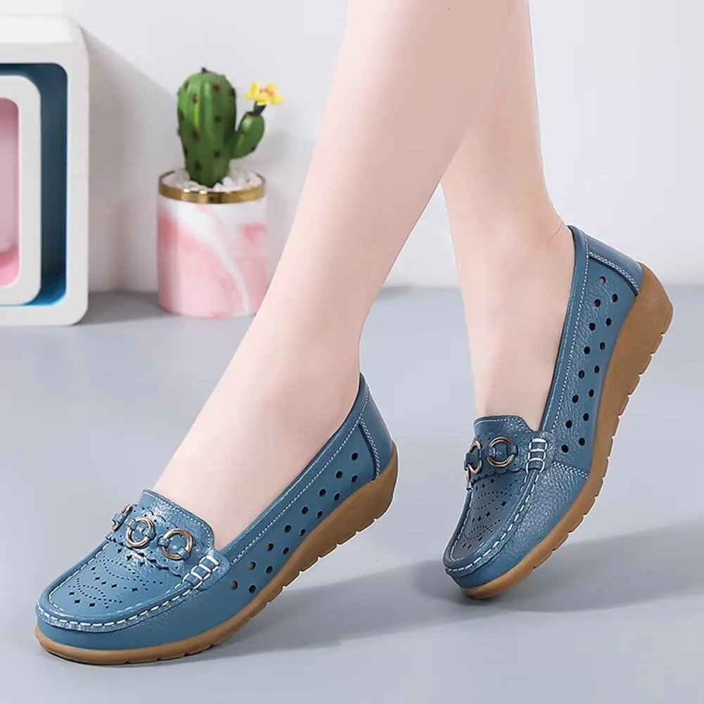 Women's Leather Classic Wedge Moccasins Slip-Ons Casual Walking Driving Cutout Breathable